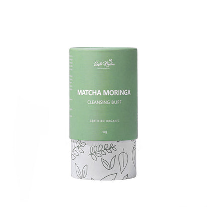 Matcha Moringa cleansing buff packaging on a white background