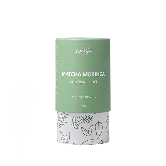 Matcha Moringa cleansing buff packaging on a white background