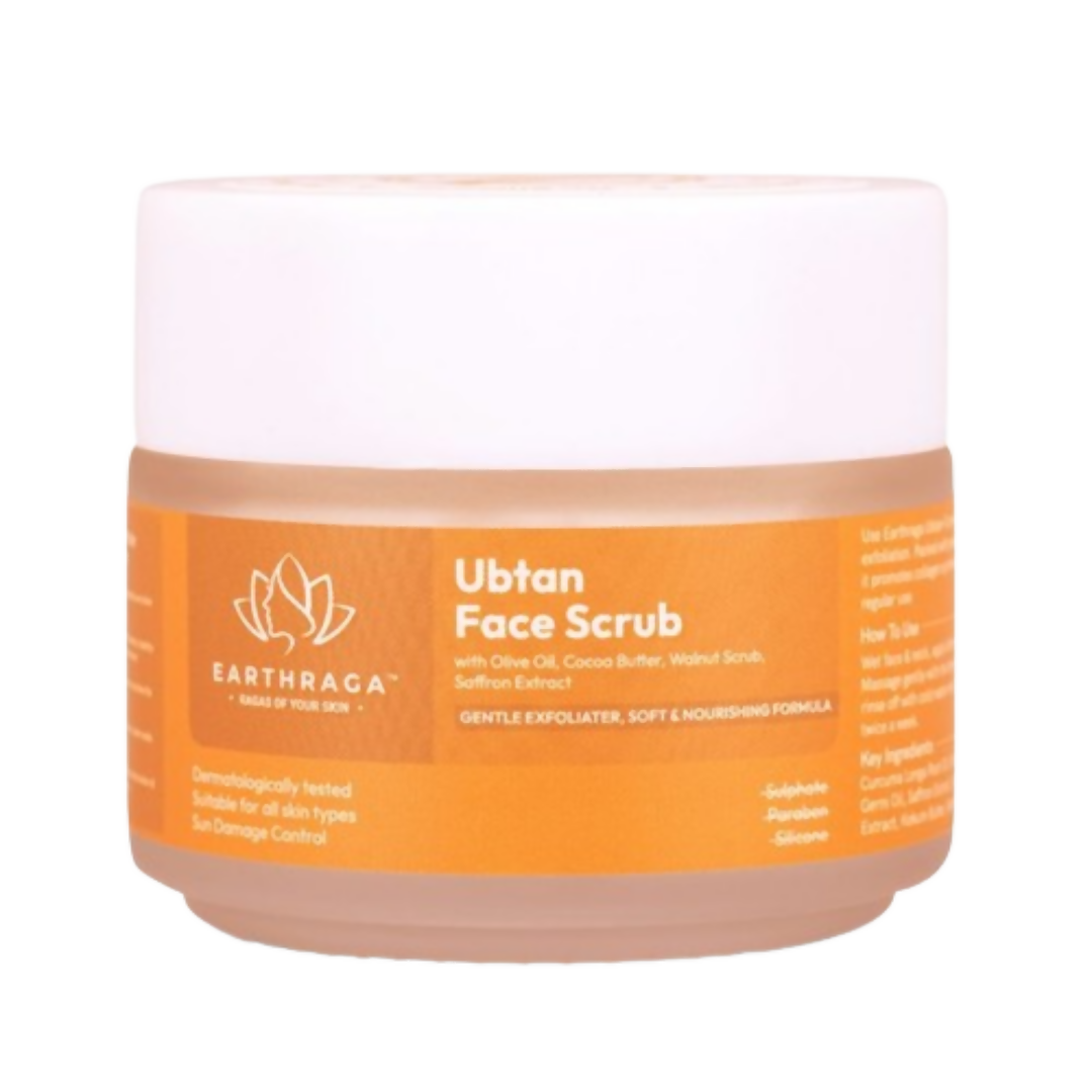 Jar of Ubtan Face Scrub with EarthRaga branding on a white background