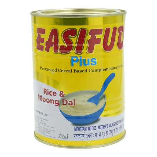 Easifood Plus Rice & Moong Dal can with yellow label and blue spoon on a white background