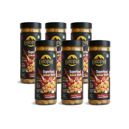 Multiple jars of Eatopia Superfood Jowar Puffs on a white background