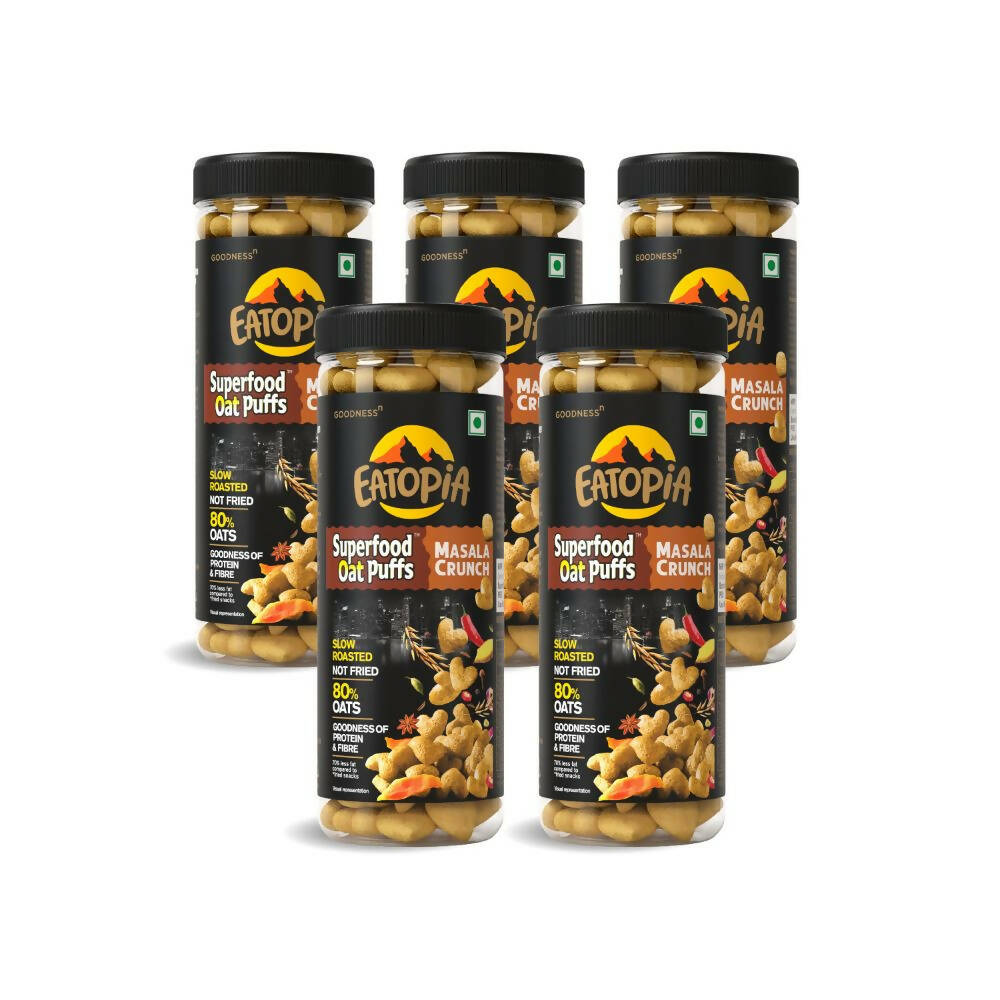 Multiple jars of Eatopia Superfood Oat Puffs and Masala Crunch on a white background