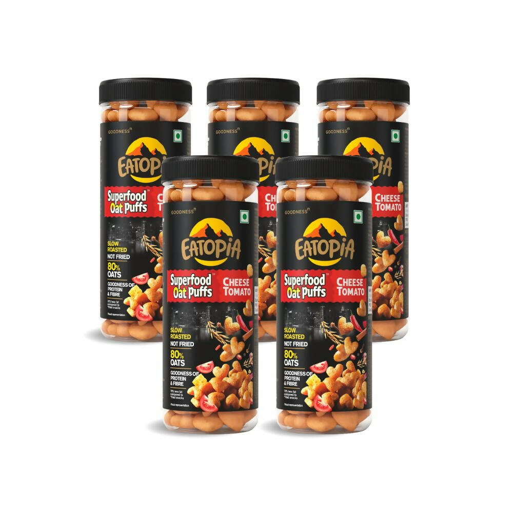 Multiple jars of Fatopia Superfood Oat Puffs Cheese Tomato flavor on a white background
