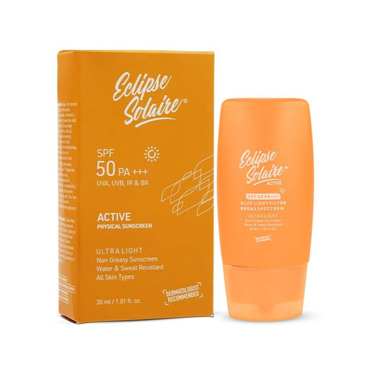 Eclipse Solaire Active Sunscreen SPF 50 PA+++ | No White Cast | Broad Spectrum UVA/UVB/IR & Blue Light Shield | Lightweight, Non-Greasy Formula for All Skin Types – 30ml