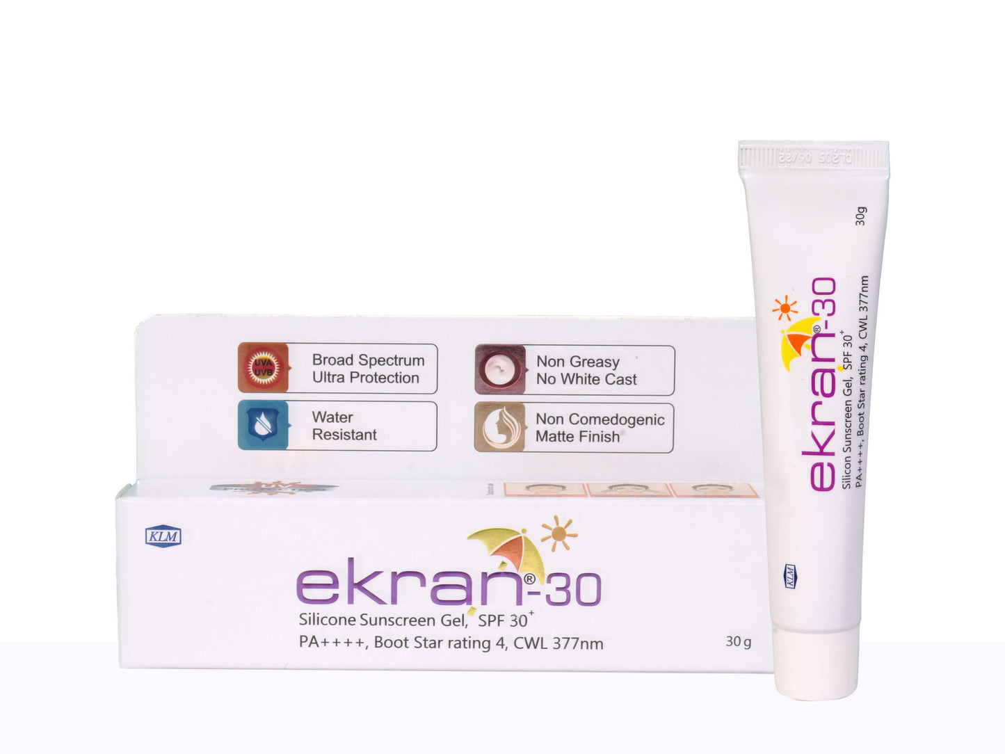 Ekran-30 silicone sunscreen gel packaging on a white background