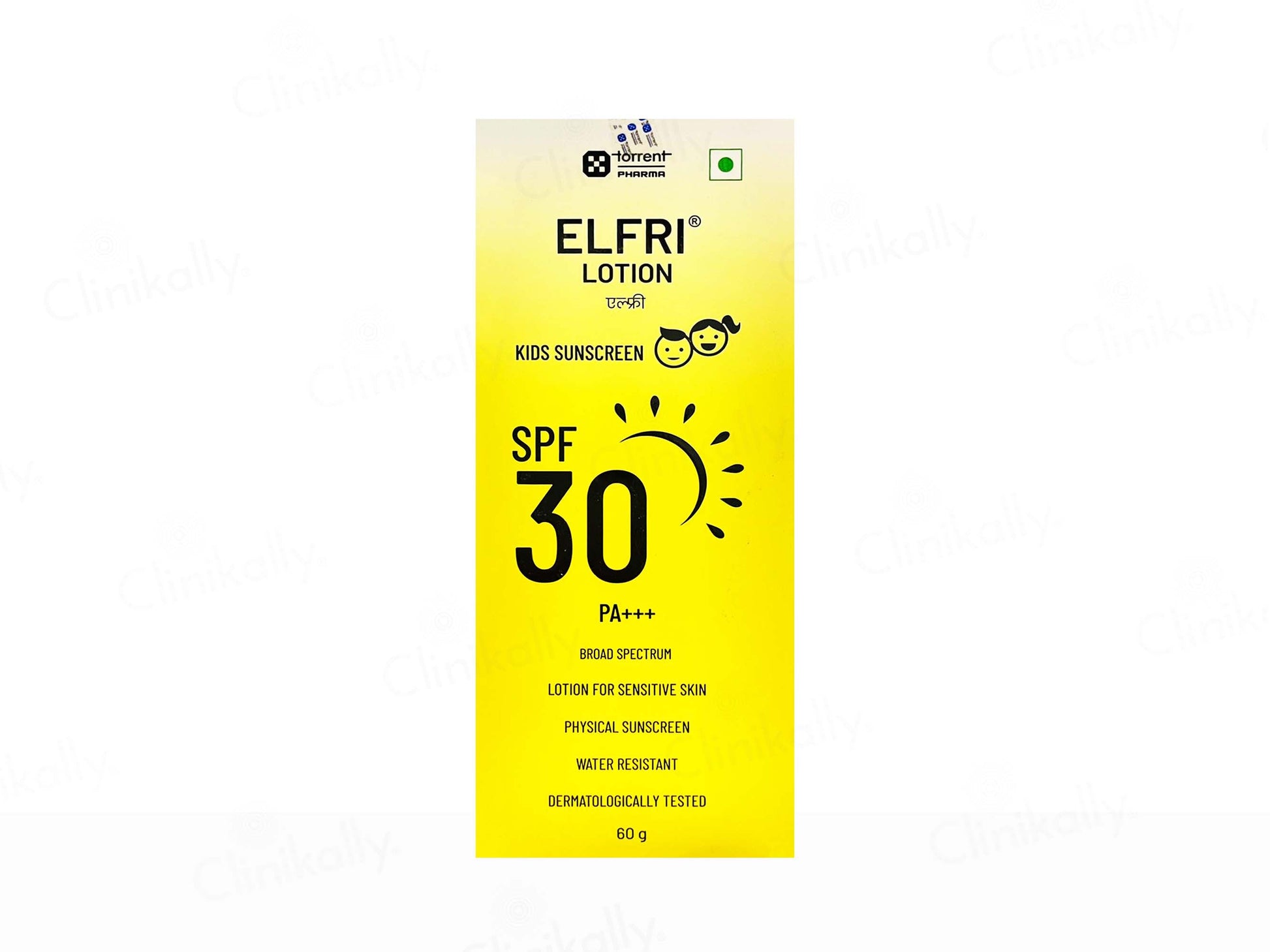 Yellow packaging of ELFRI Lotion Kids Sunscreen with SPF 30 on a white background