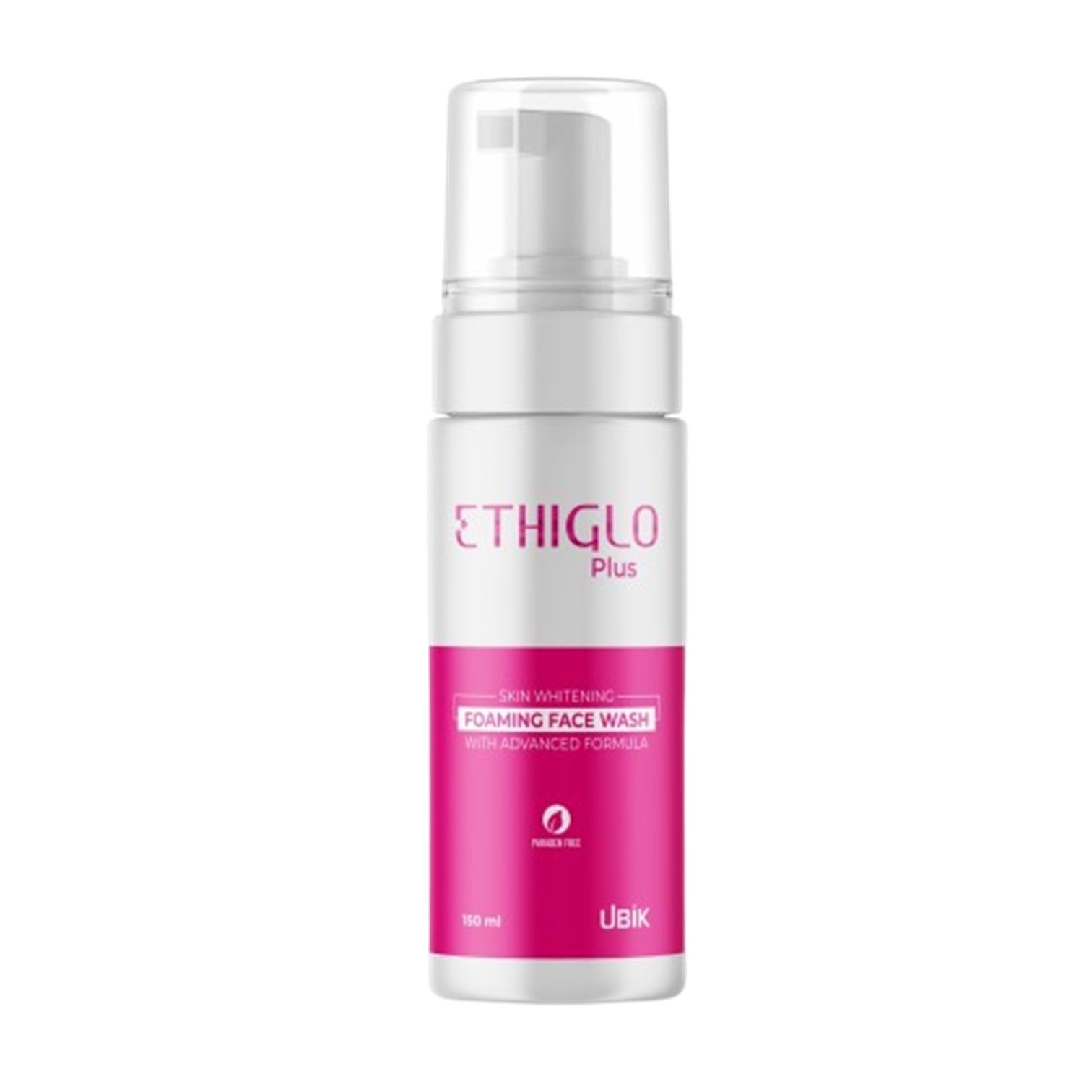 Ethiglo Plus foaming face wash bottle on a white background