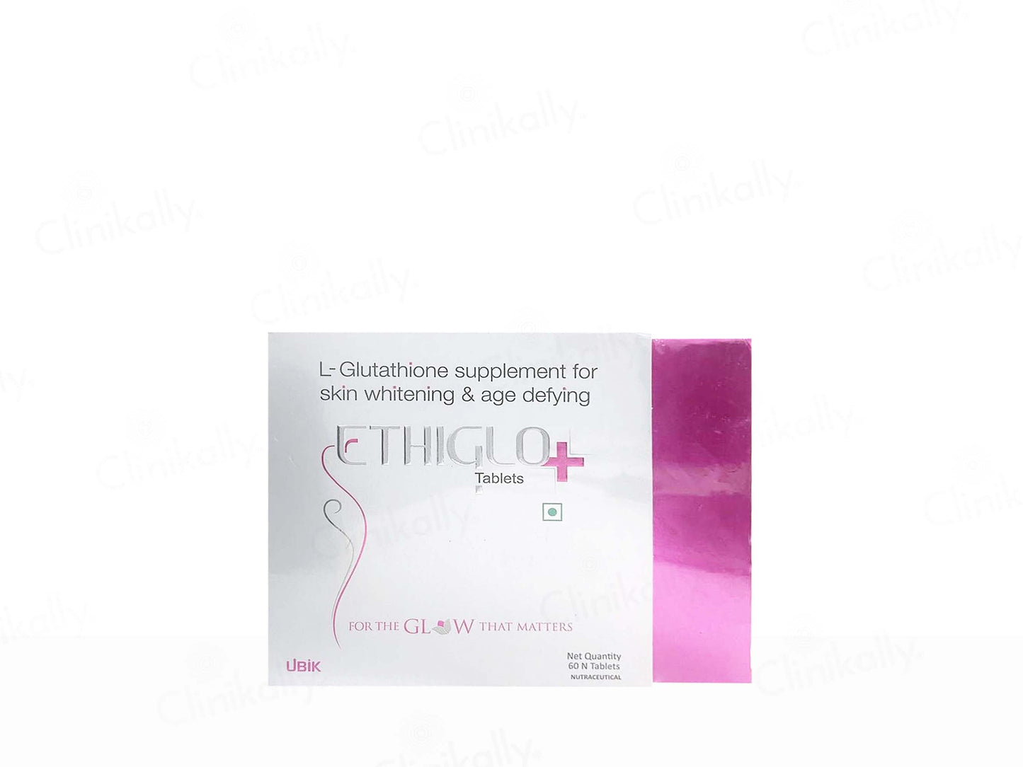 Box of ETHIGLO+ tablets for skin whitening and age defying on a white background