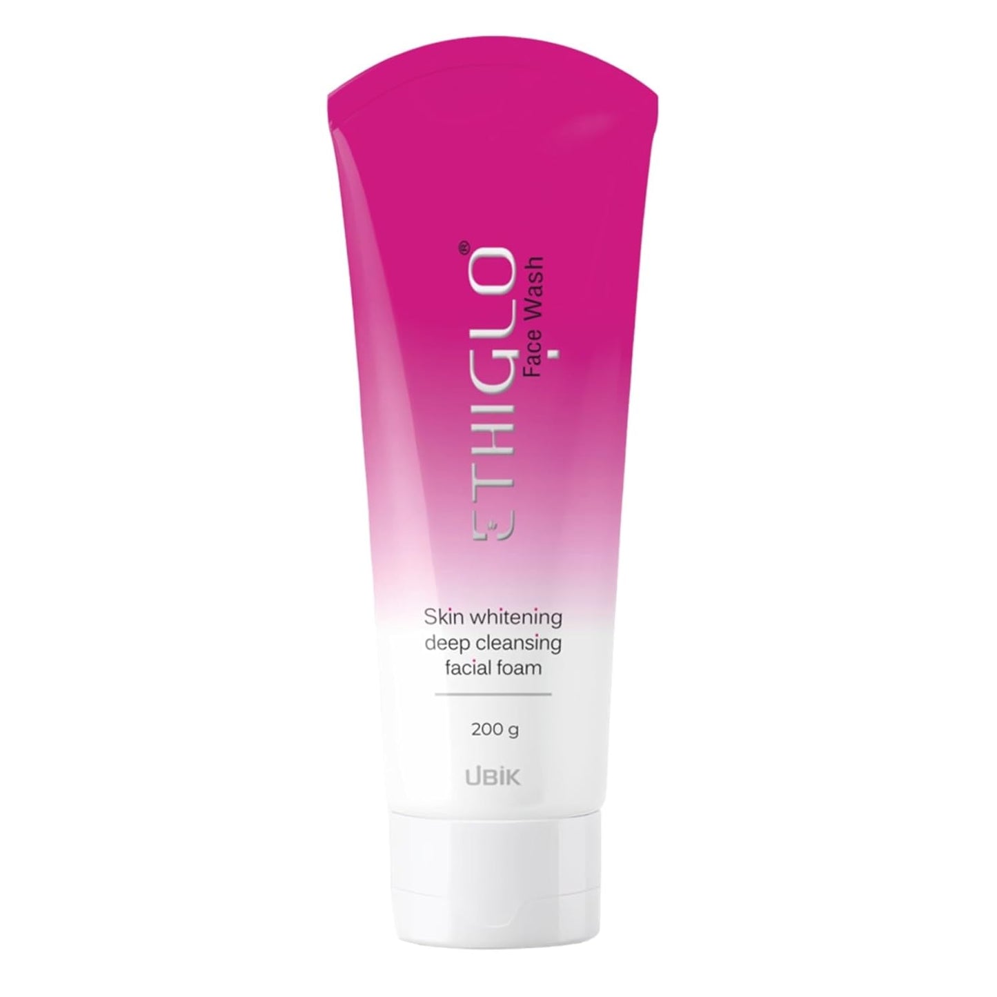 A tube of Ethiglo Skin whitening Deep Cleansing Facial Foam Face Wash, 200 g, with pink and white color scheme.