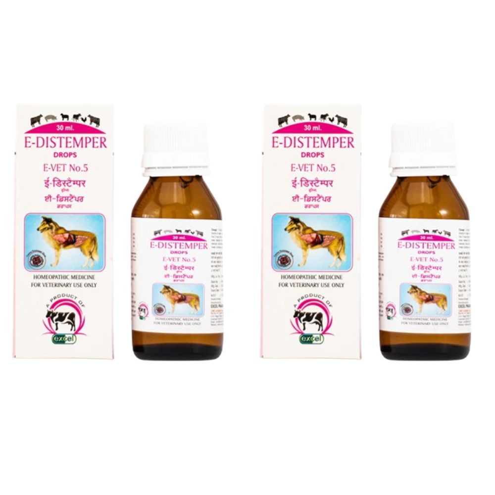 Two bottles of E-Distemper Drops for dogs with their packaging on a white background.
