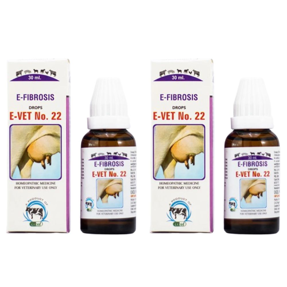 Two bottles and their boxes of E-Fibrosis Drops E-Vet No. 22 on a white background