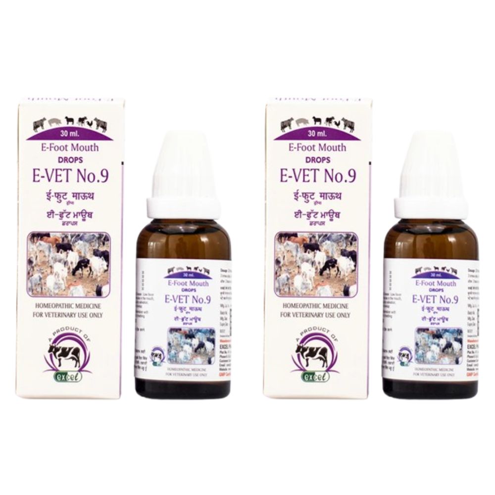 Two bottles and their boxes of E-Vet No.9 E-Foot Mouth Drops on a white background