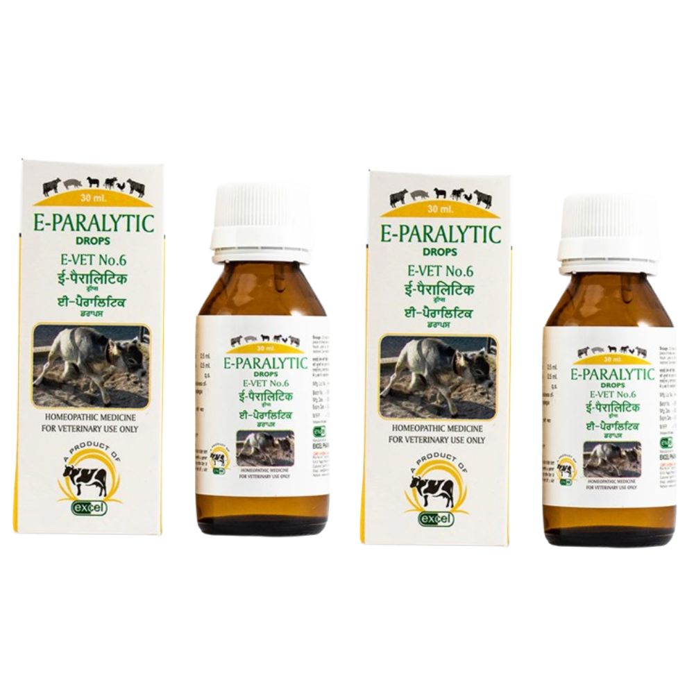 Two bottles and two boxes of E-Paralytic Drops for veterinary use on a white background