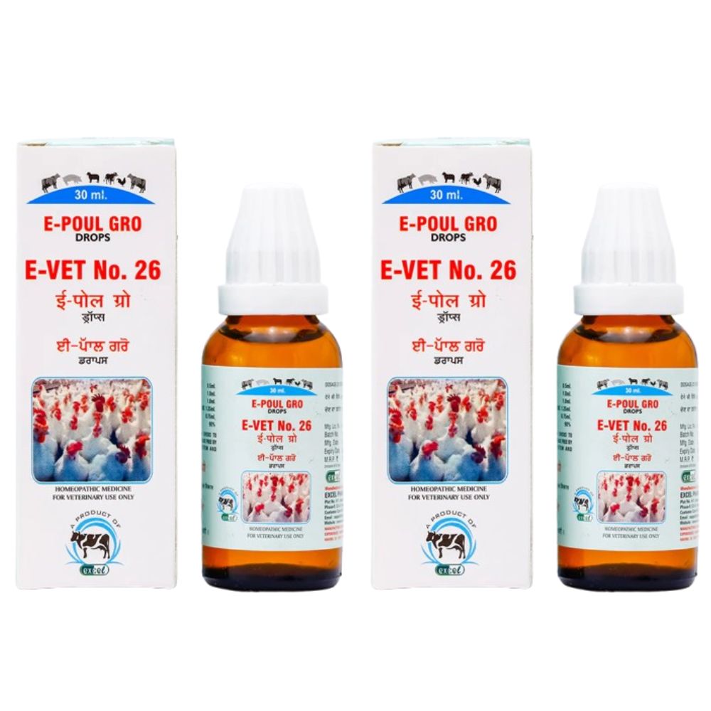 Two bottles and their boxes of E-Poul Gro E-Vet No. 26 on a white background