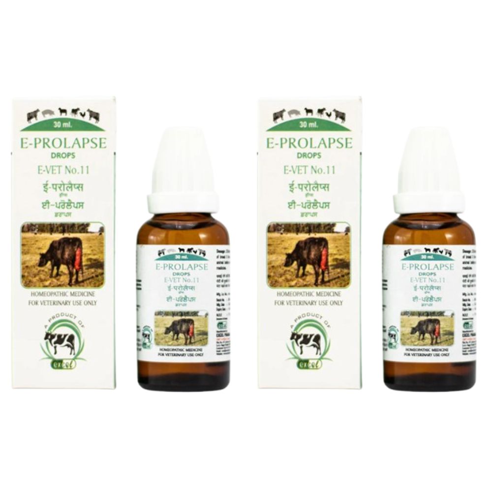Two bottles and their boxes of E-Prolapse Drops for veterinary use on a white background