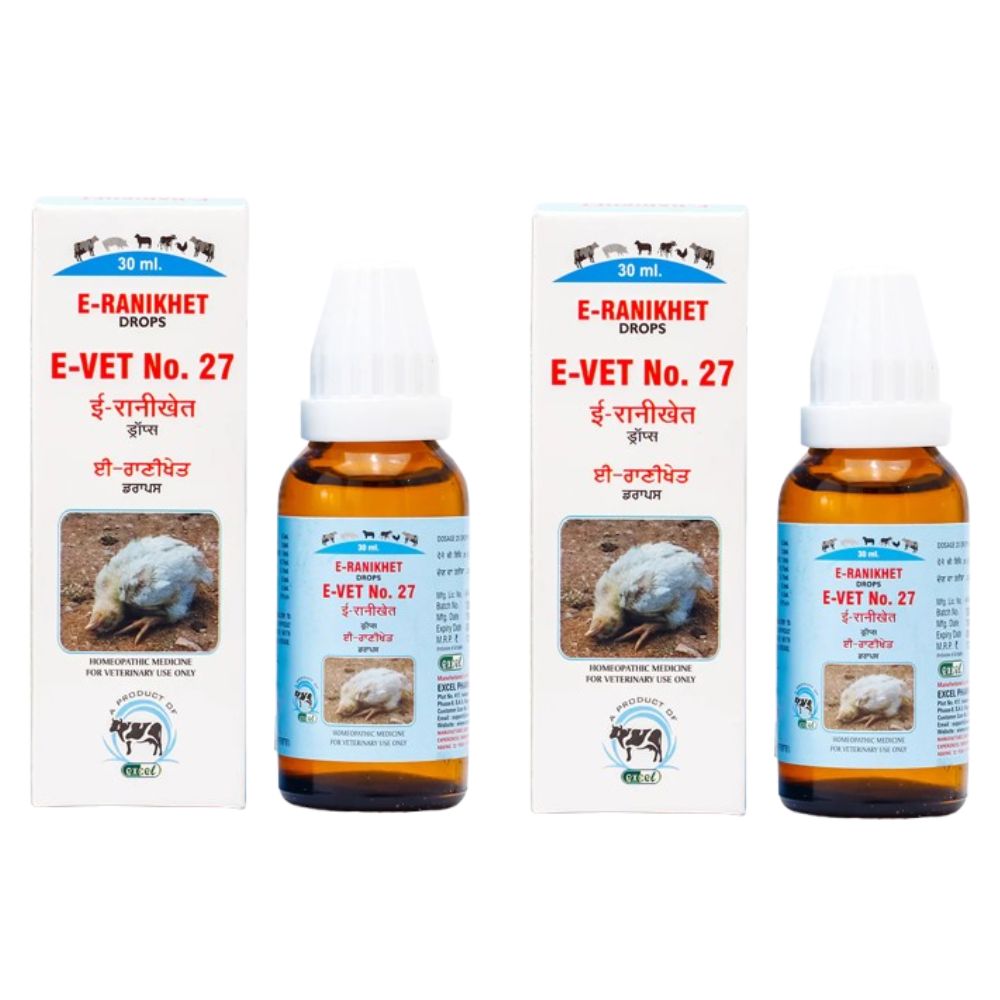 Two bottles and their boxes of E-Ranikhet E-Vet No. 27 on a white background