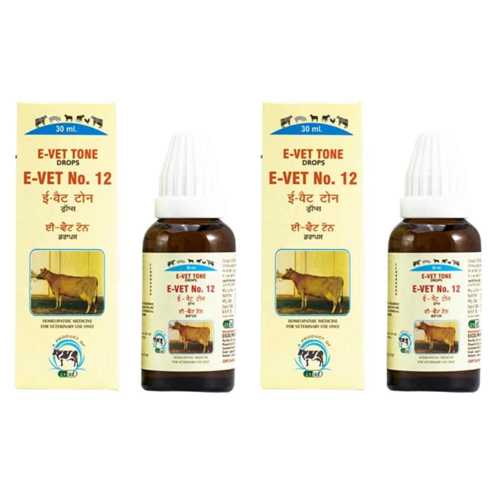 Two bottles and two boxes of E-Vet Tone E-Vet No. 12 on a white background