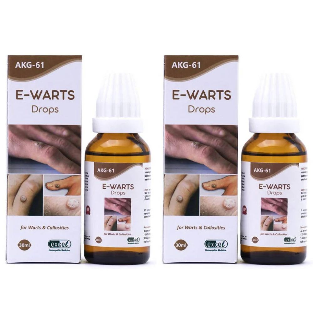 Two bottles of E-Warts Drops with their packaging on a white background