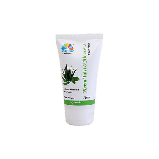A tube of Extasy Mayumi Neem Tulsi & Aloe Vera Face Wash against a white background.