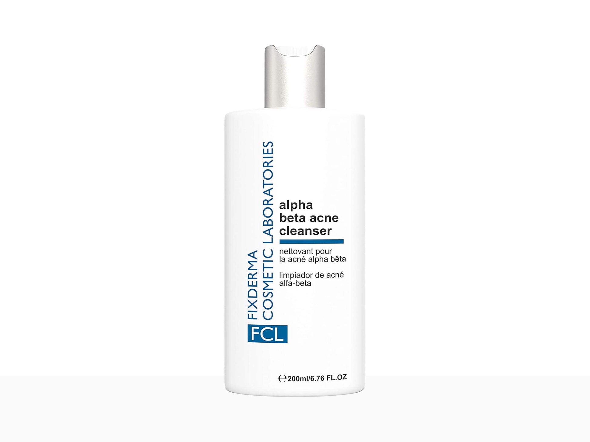 Exiderm alpha beta acne cleanser bottle on a white background
