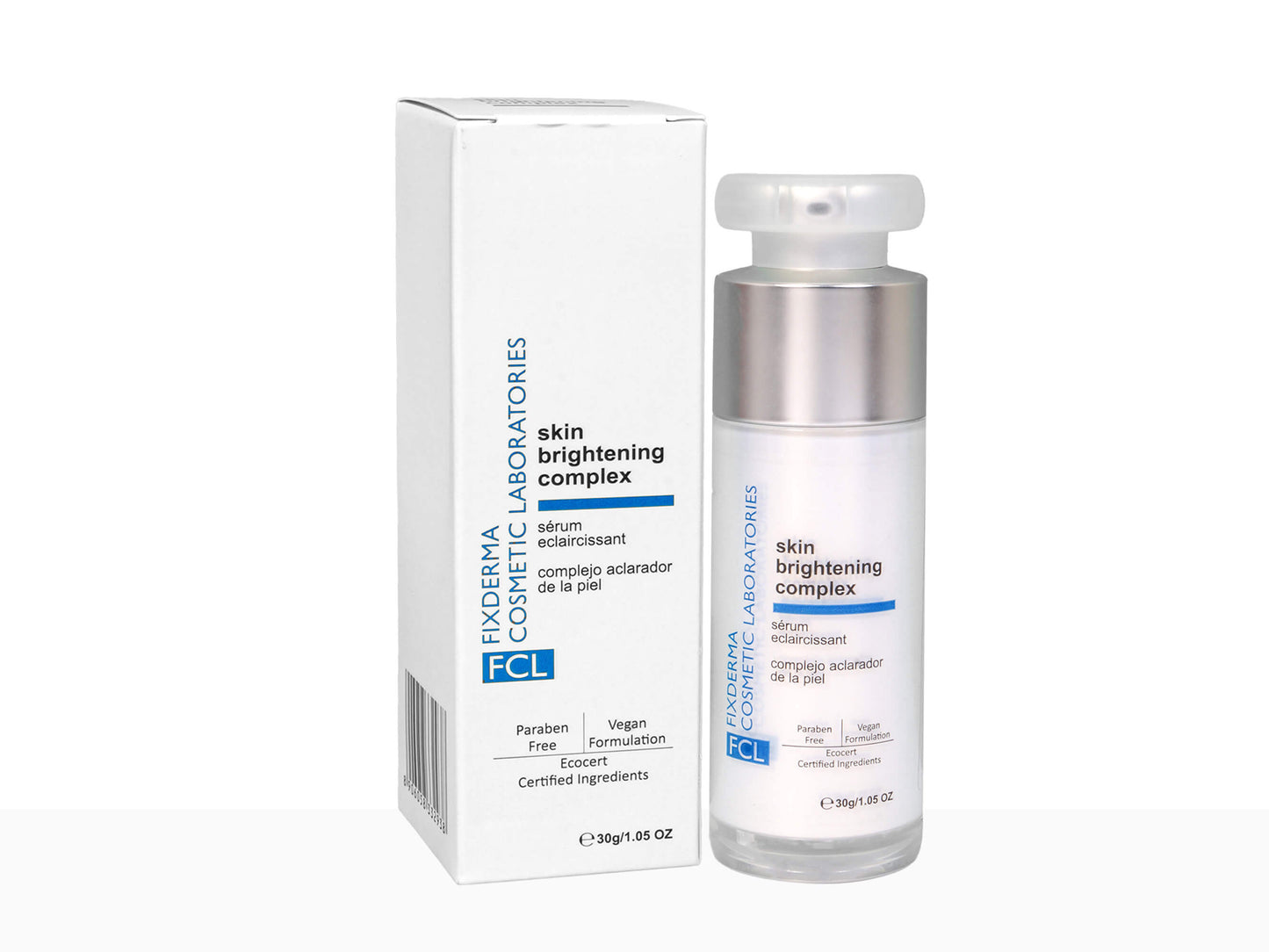 Exderma cosmetic skin brightening complex bottle and box on a white background