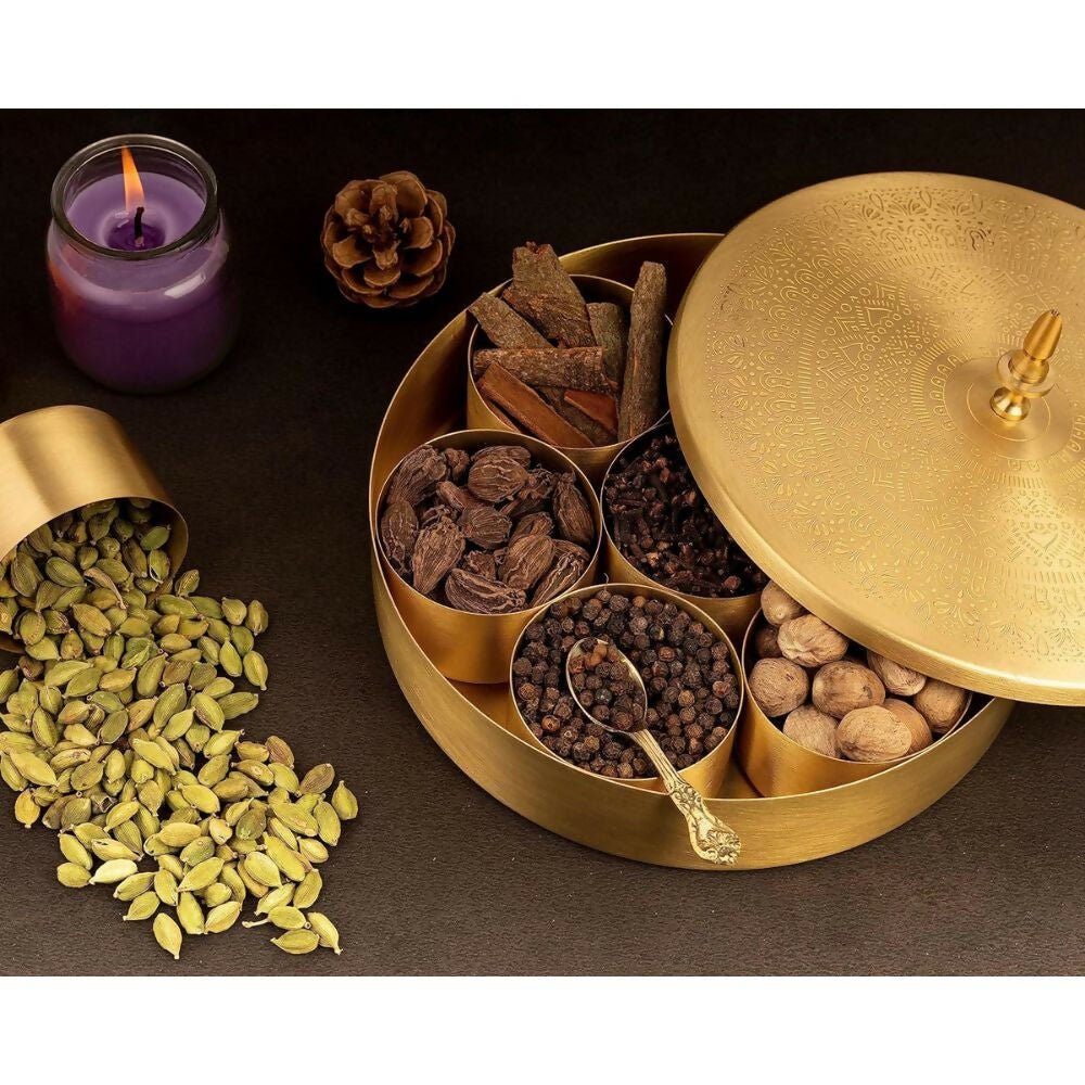 Akshata 06 Hand Etched Brass Spice Box Set for Kitchen with Spoon (7 Containers)