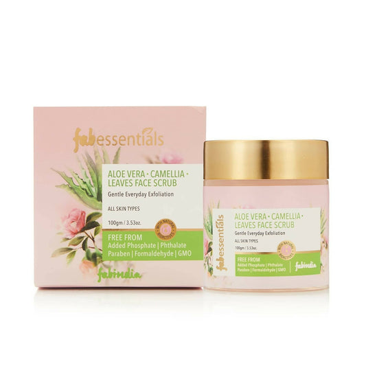 Fub essentials Aloe Vera and Camellia Leaves Face Scrub packaging on a white background