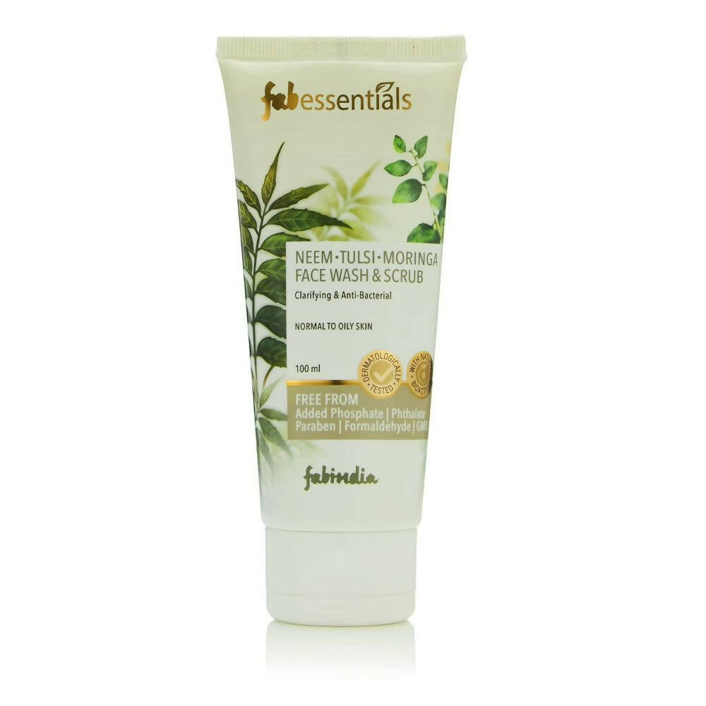 Tube of fab essentials Neem Tulsi Moringa Face Wash & Scrub on a white background