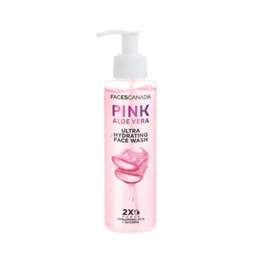 Pink aloe vera face wash bottle with pump on a white background