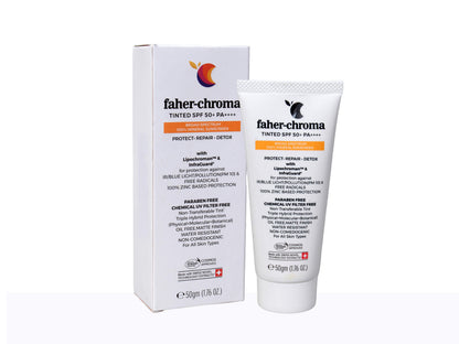 Faher-chroma sunscreen tube and packaging on a white background