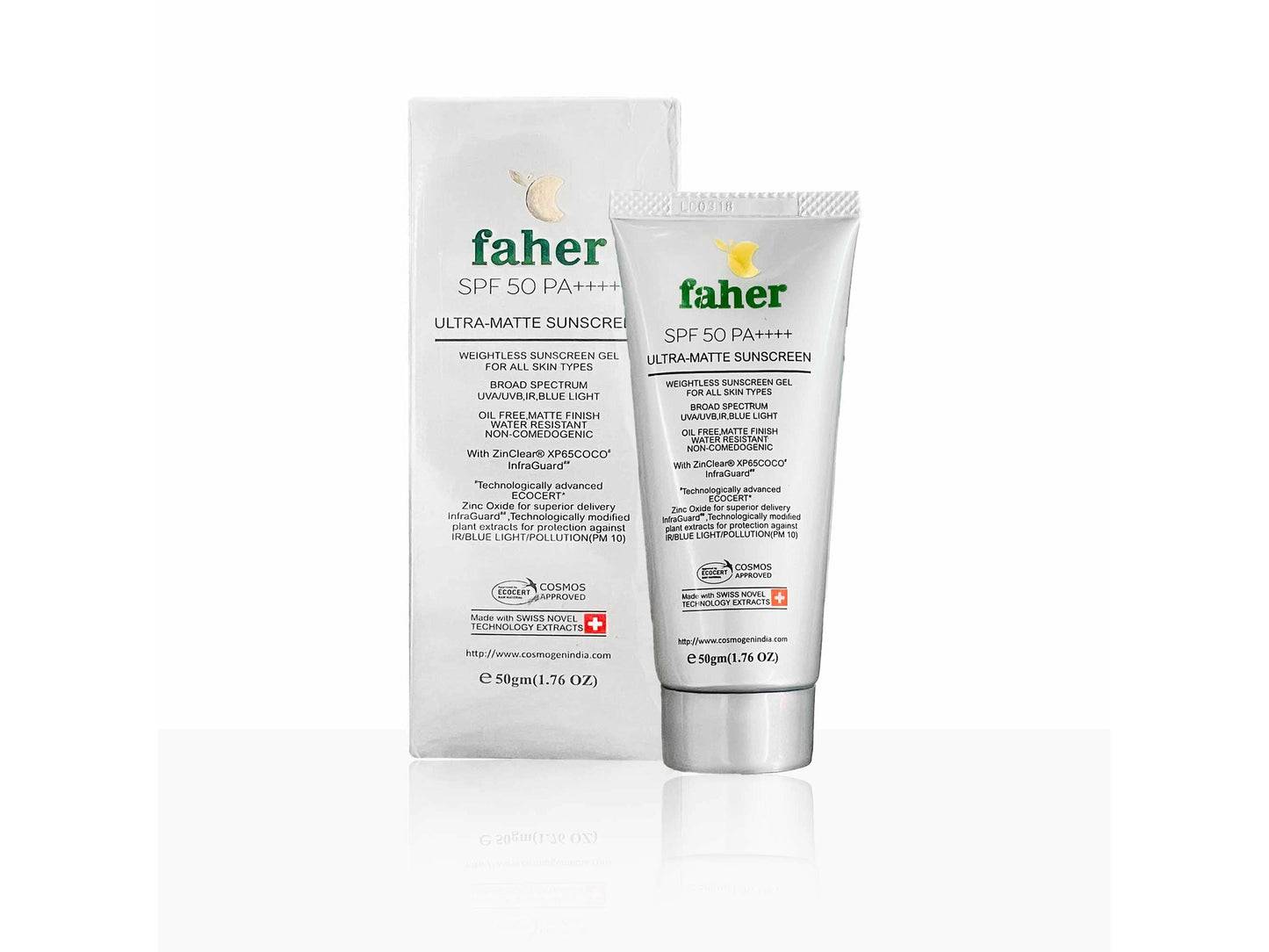 Faher sunscreen tube and packaging on a white background