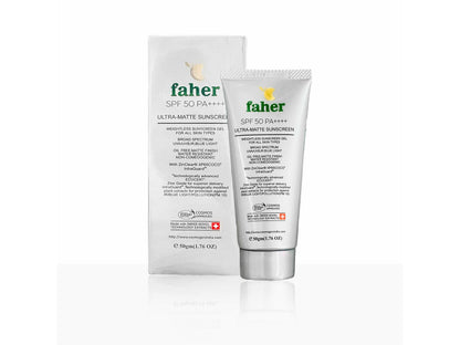 Faher sunscreen tube and packaging on a white background