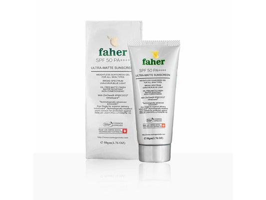 Faher sunscreen tube and packaging on a white background