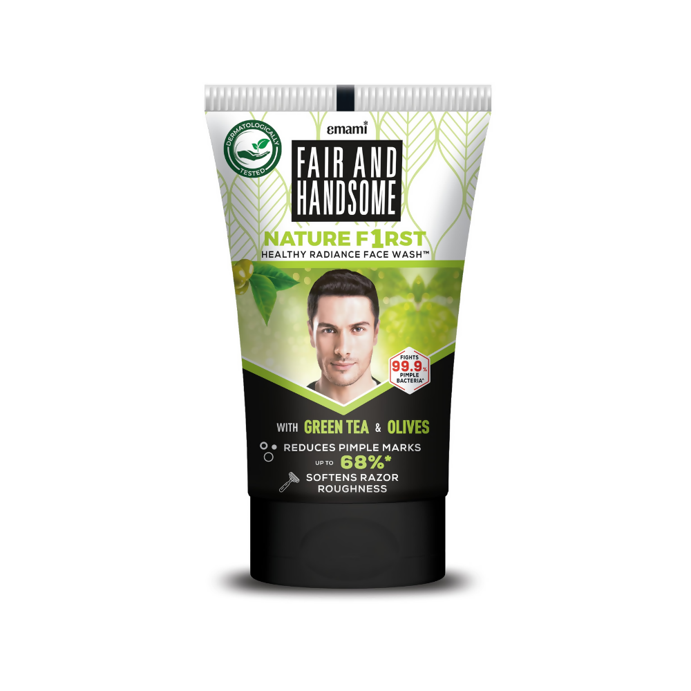 Fair and Handsome Nature First face wash tube with green tea and olives on a white background