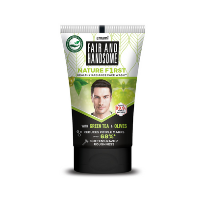 Fair and Handsome Nature First face wash tube with green tea and olives on a white background