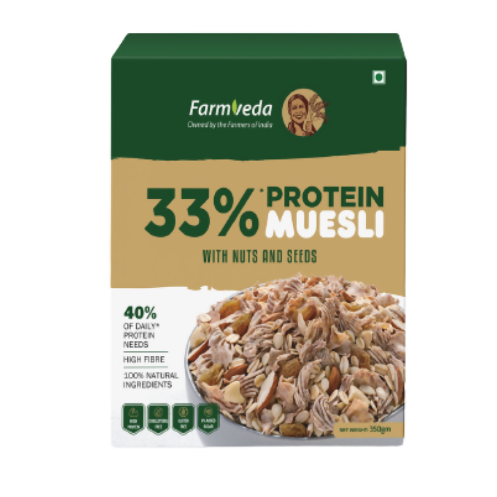 Box of FarmVeda 33% Protein Muesli with Nuts and Seeds on a white background