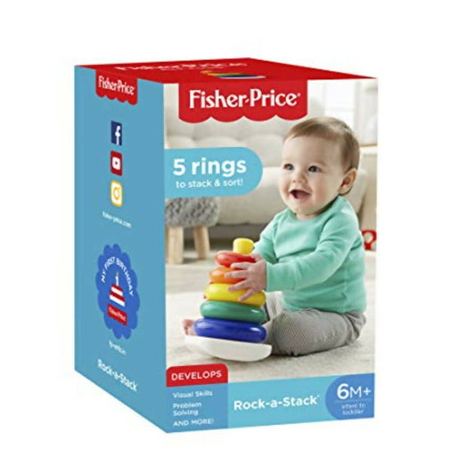 Fisher-Price Rock-a-Stack toy packaging with a baby and colorful rings on a white background