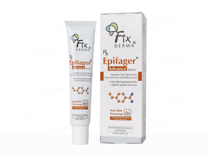 Fixderma Epifager Advance Serum tube and box on a white background