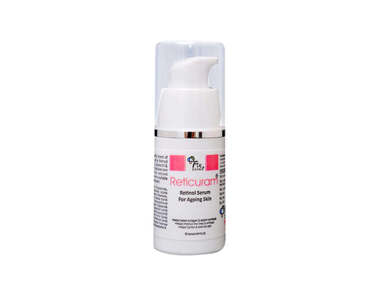 Skincare serum bottle with visible branding on a white background