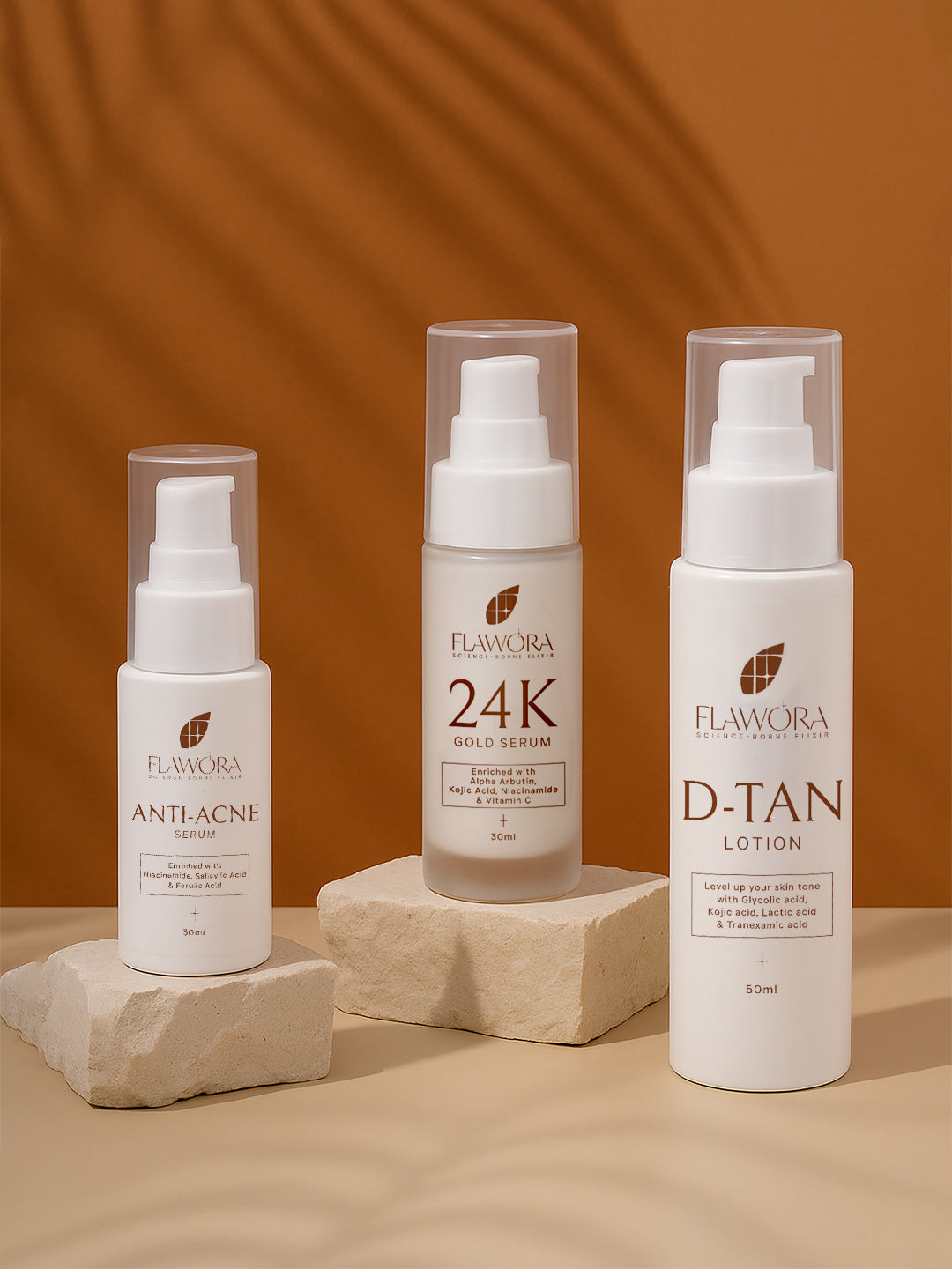 Three Flawora skincare products on a stone surface with a brown background
