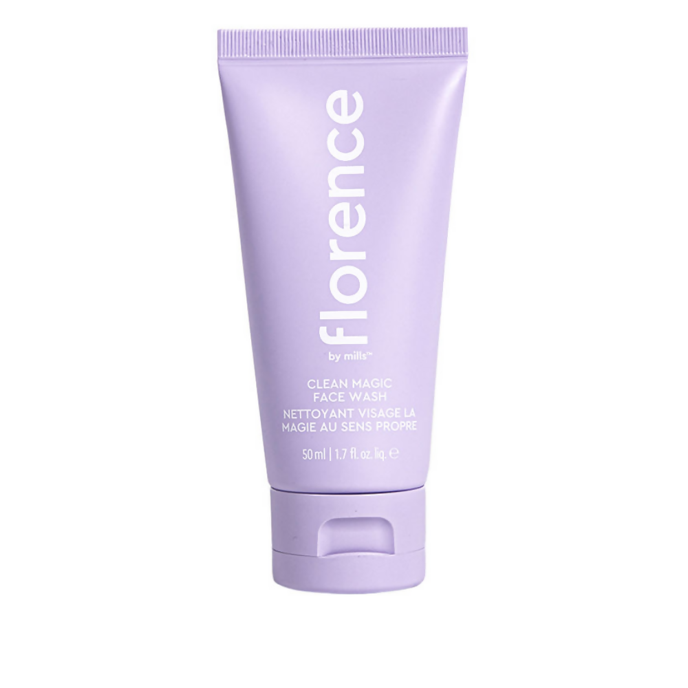 Purple tube of 'florence by Mills' Clean Magic Face Wash on a white background