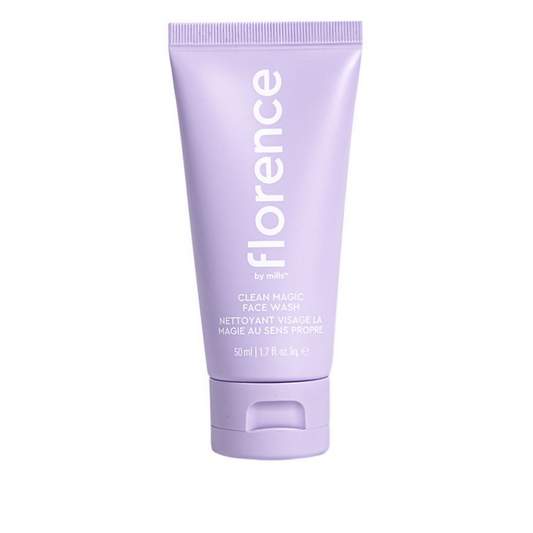 Purple tube of 'florence by Mills' Clean Magic Face Wash on a white background