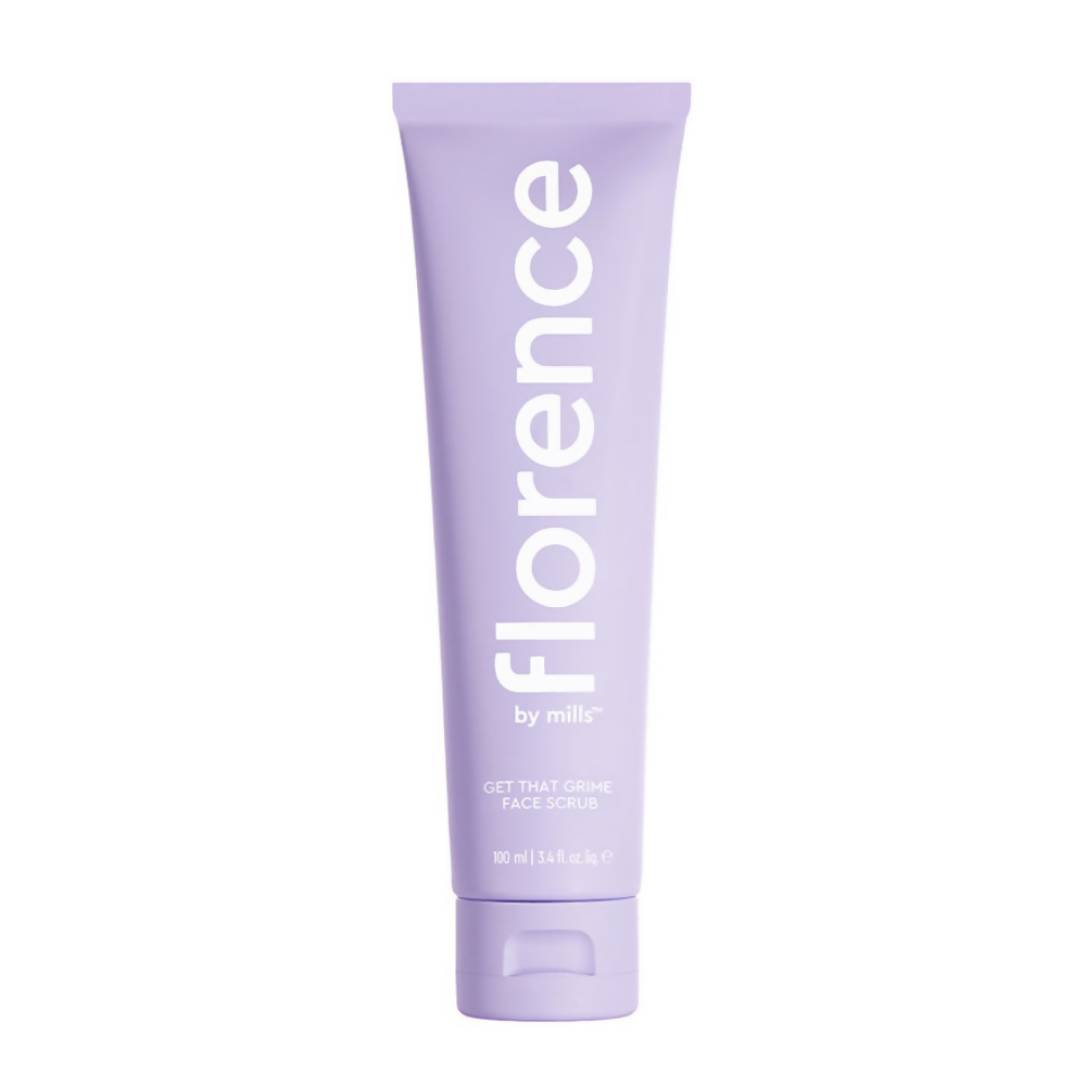 Purple tube of 'florence by Mills' face scrub on a white background