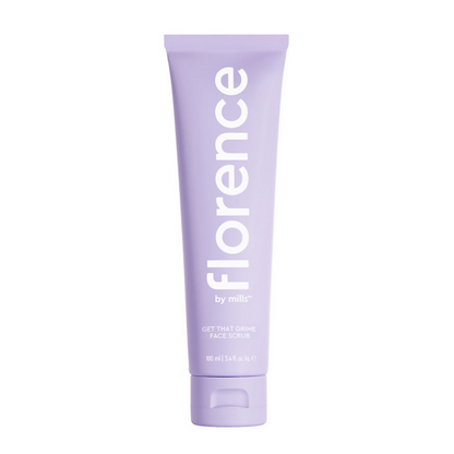 Purple tube of 'florence by Mills' face scrub on a white background