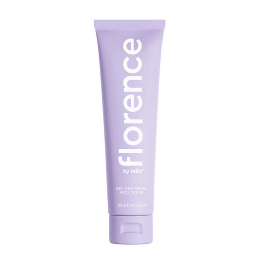 Purple tube of 'florence by Mills' face scrub on a white background