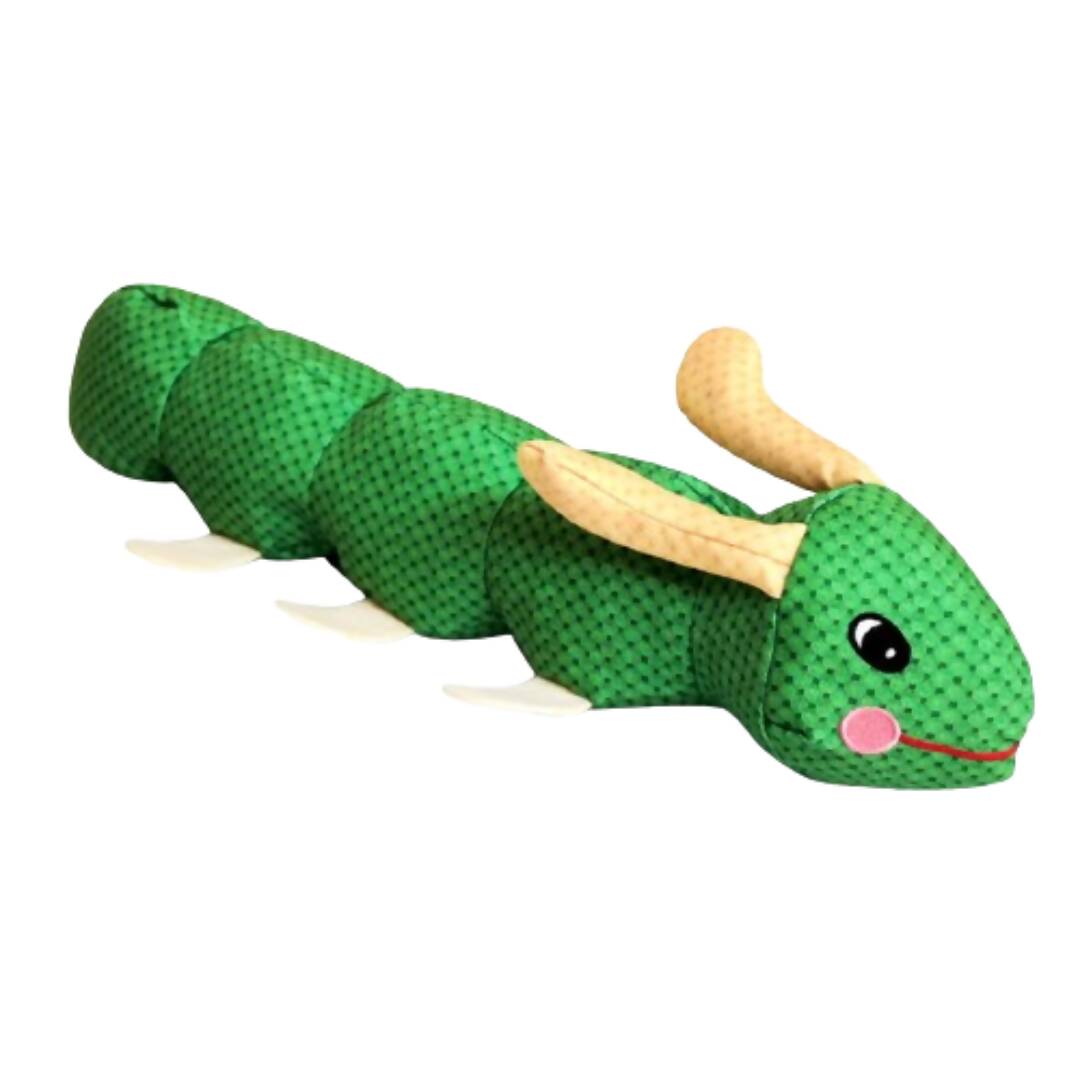 Green plush toy resembling a snake on a white background