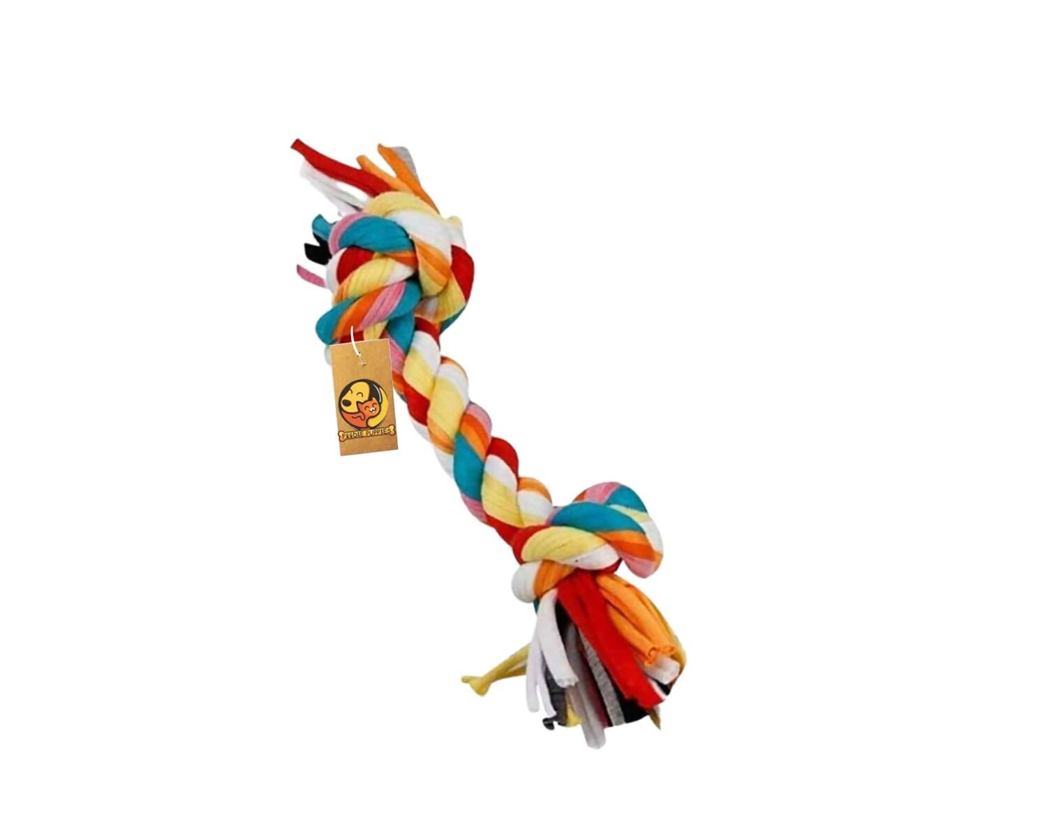 Colorful dog toy with a brand tag on a white background