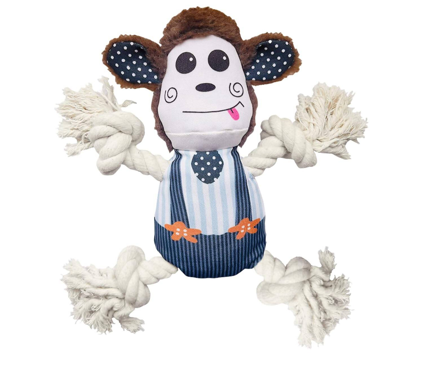 Dog toy resembling a monkey with a striped outfit and rope handles on a white background