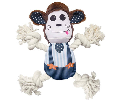 Dog toy resembling a monkey with a striped outfit and rope handles on a white background
