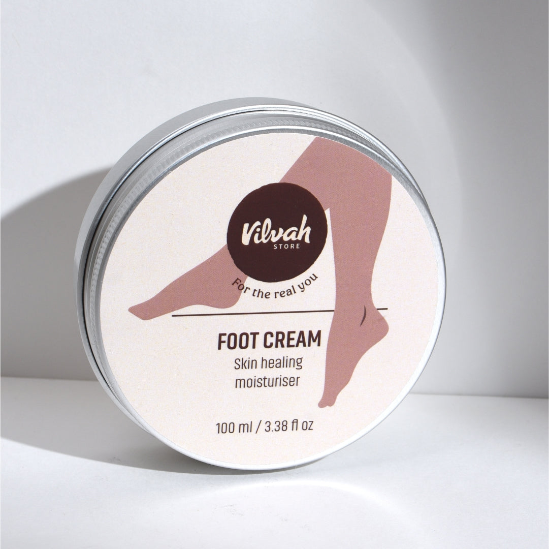 Vilvah foot cream container on a white background